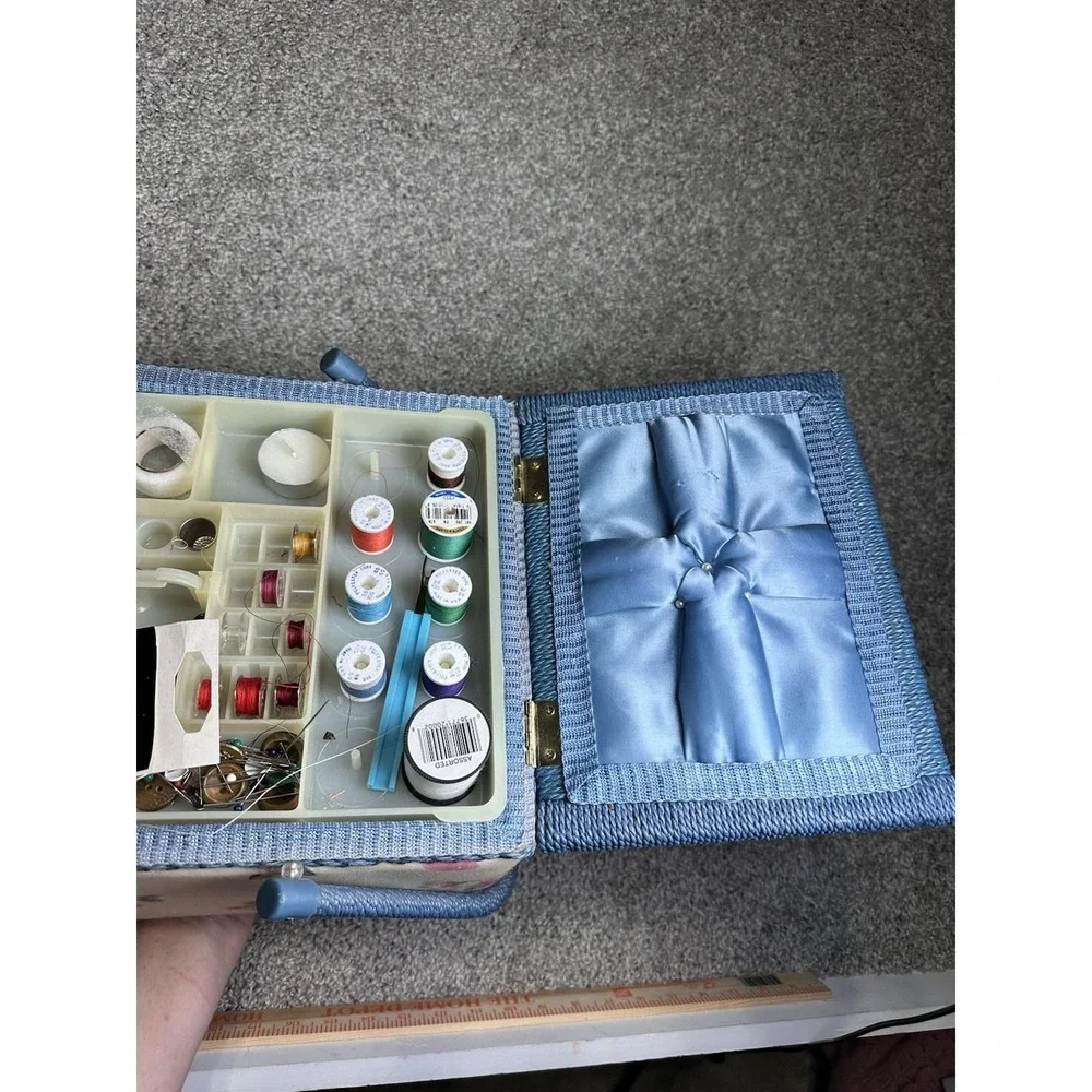 Vintage Sewing Basket Floral Blue Handles Organizer Kit w Supplies
